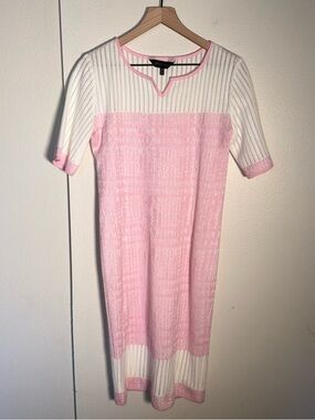MING WANG pastel pink and white crochet knit mod 70s style shift dress M